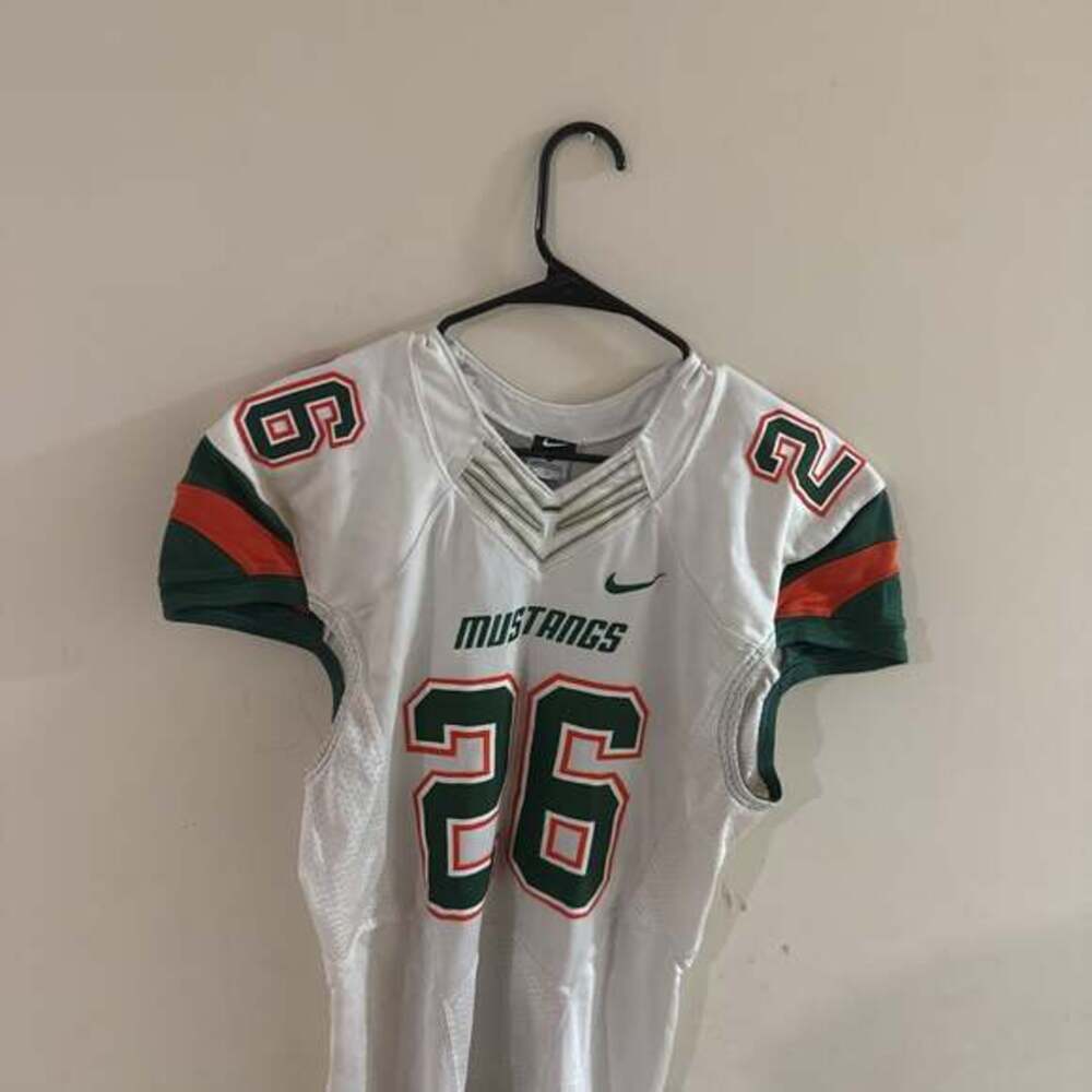 Nike Mustangs #26 White & Green Football Jersey Medium